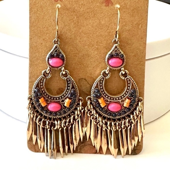 Vintage Style Pink & Gold Tone Hoop Hanging Earrings - Picture 3 of 5